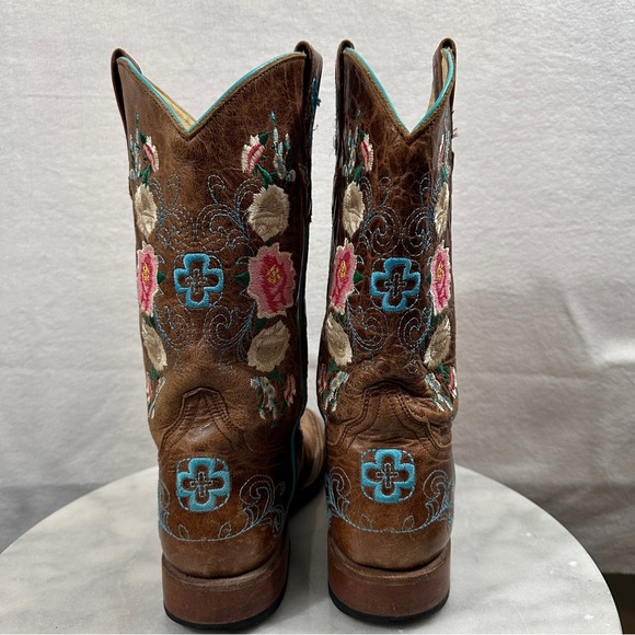 Macie Bean floral brown cowboy boots square toe rose garden leather pink blue - Picture 5 of 11